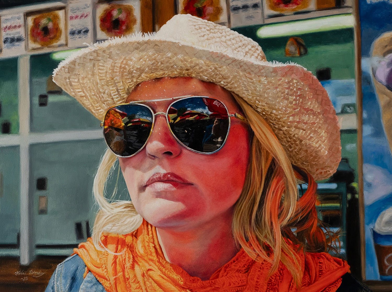 oljemålning porträtt kvinna i solglasögon och hatt