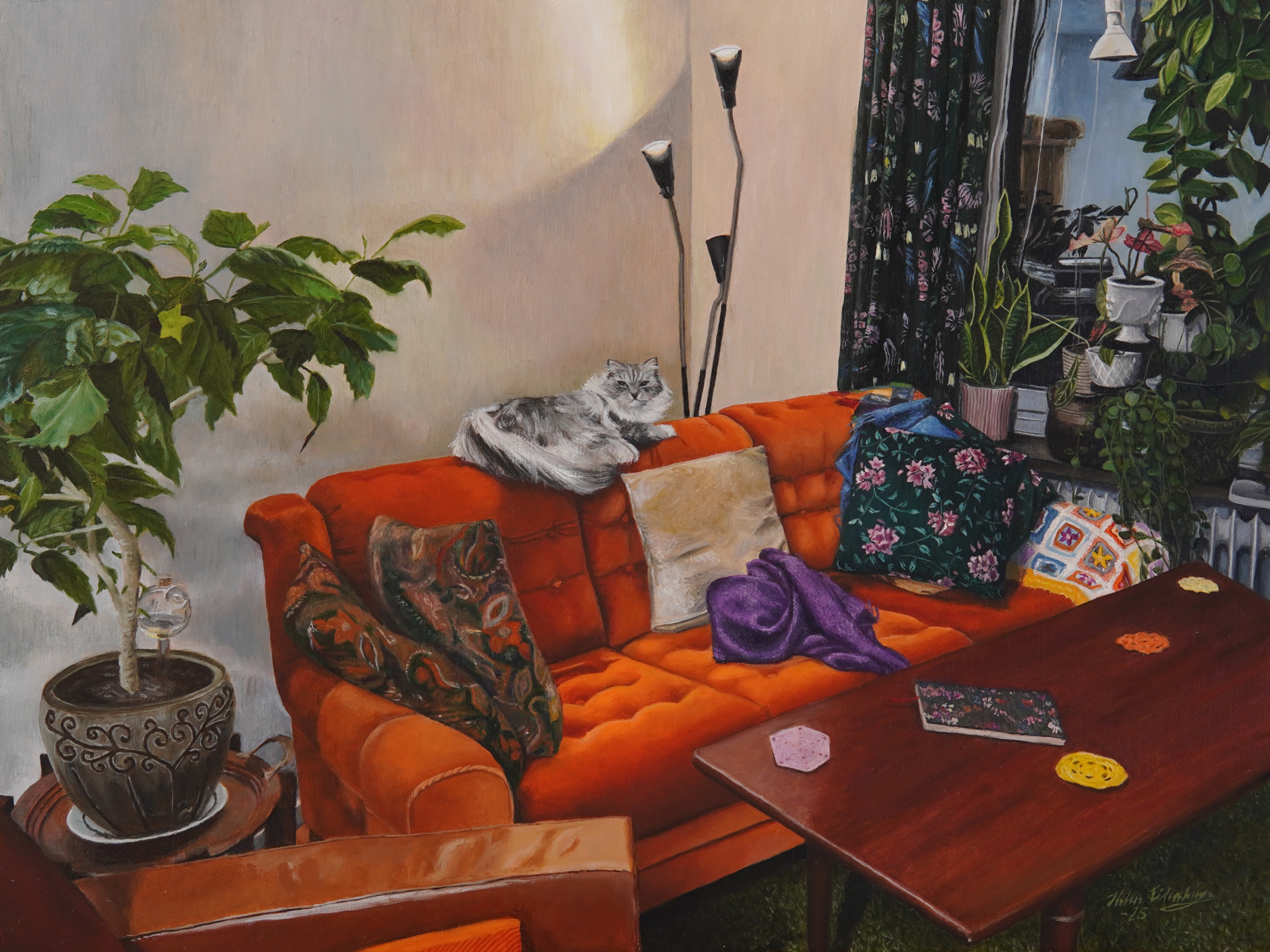 Oljemålning realistisk stil orange soffa vardagsrum