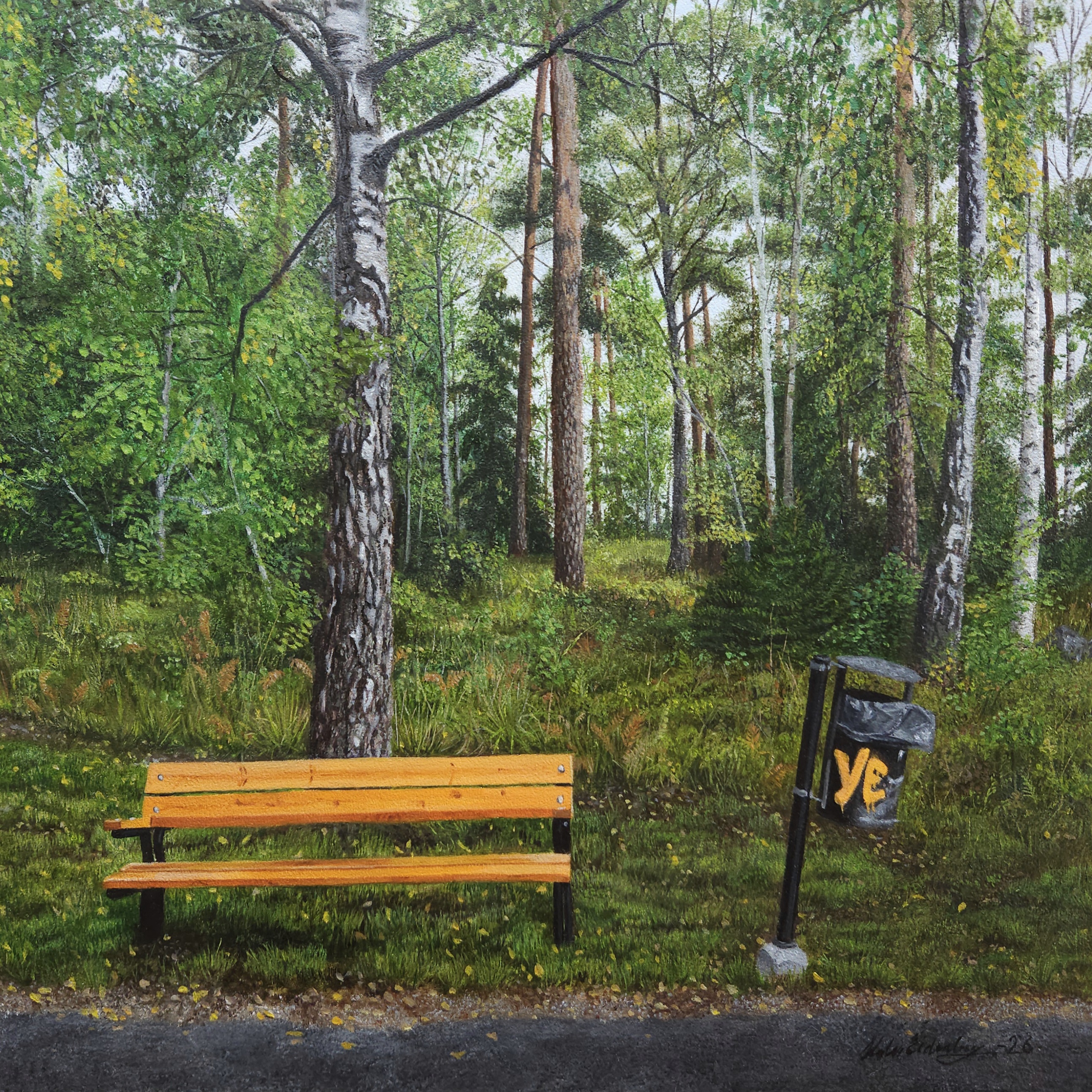 oljemålning parkbänk papperskorg gångväg träd