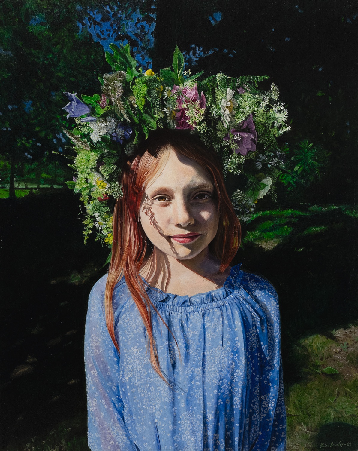 Oljemålning porträtt flicka med midsommarkrans