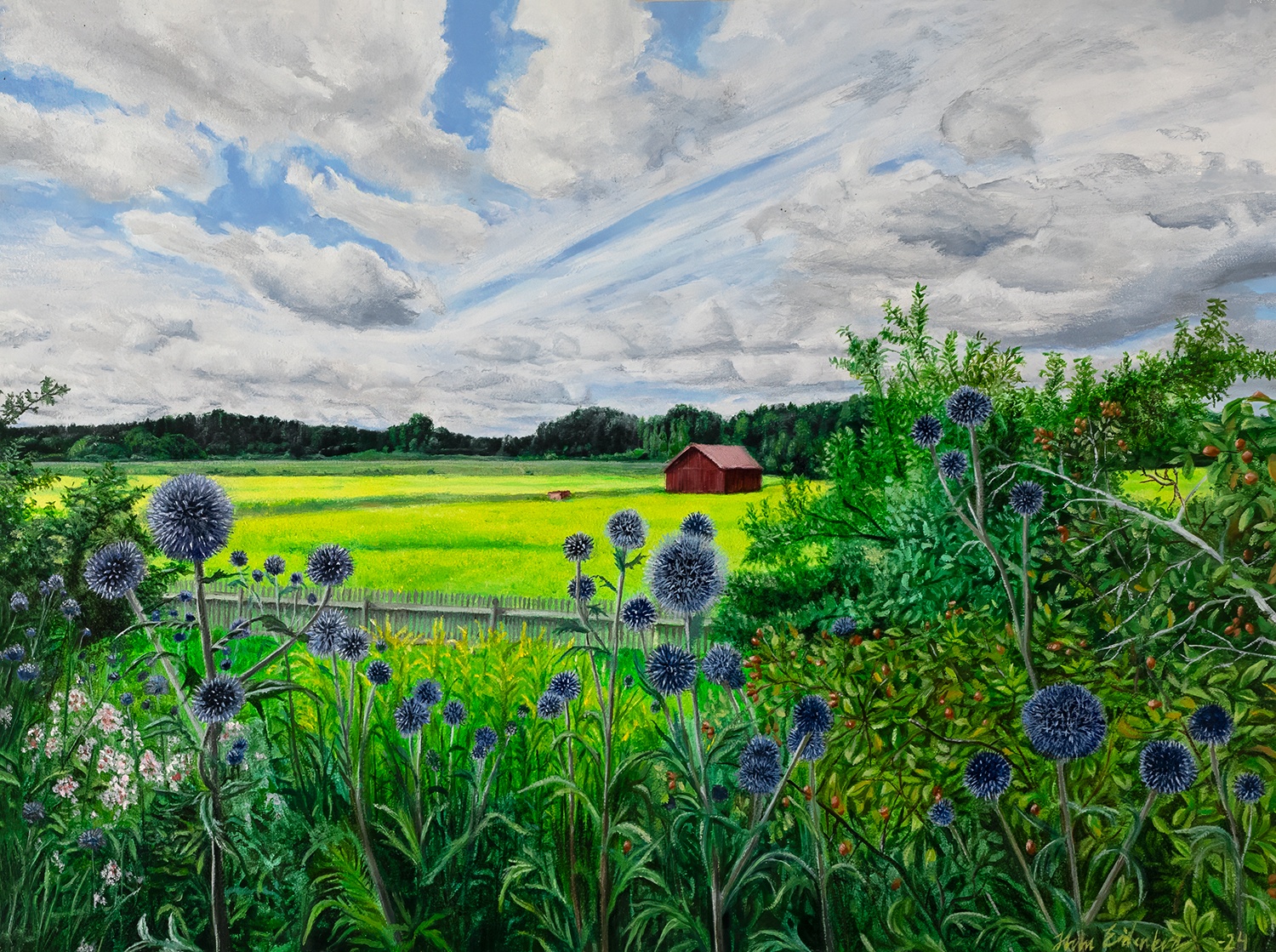 oljemålning bolltistlar rapsfält landskap